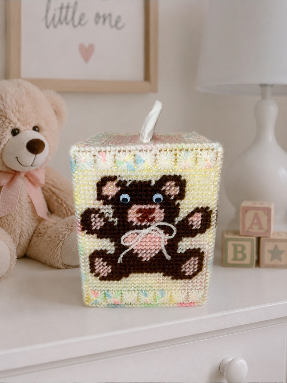Vintage 90’s Handmade Knit Teddy Tissue Box Cover in Pastel Yellow